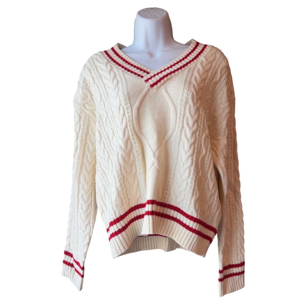 Mi Ami Francesca's Cable Knit Varsity Sweater Ivory Red Women's Size Small NWT